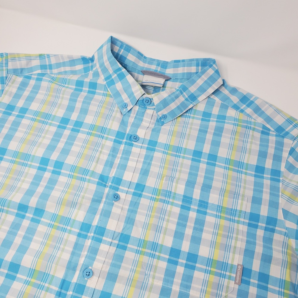 Columbia Shirt Mens XXL Blue White Plaid Short Sleeve AM9132